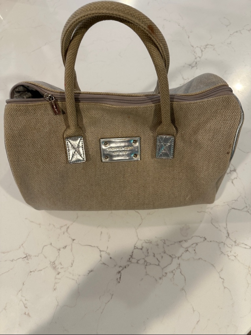 Michael Kors Beige Canvas Satchel with Silver Hardware